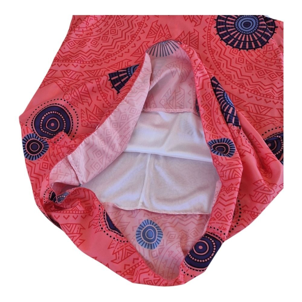 Two Layered Silky Lined Tank Dress Orange Bold Aztec Sphere Print M Pullover EUC - Picture 7 of 12